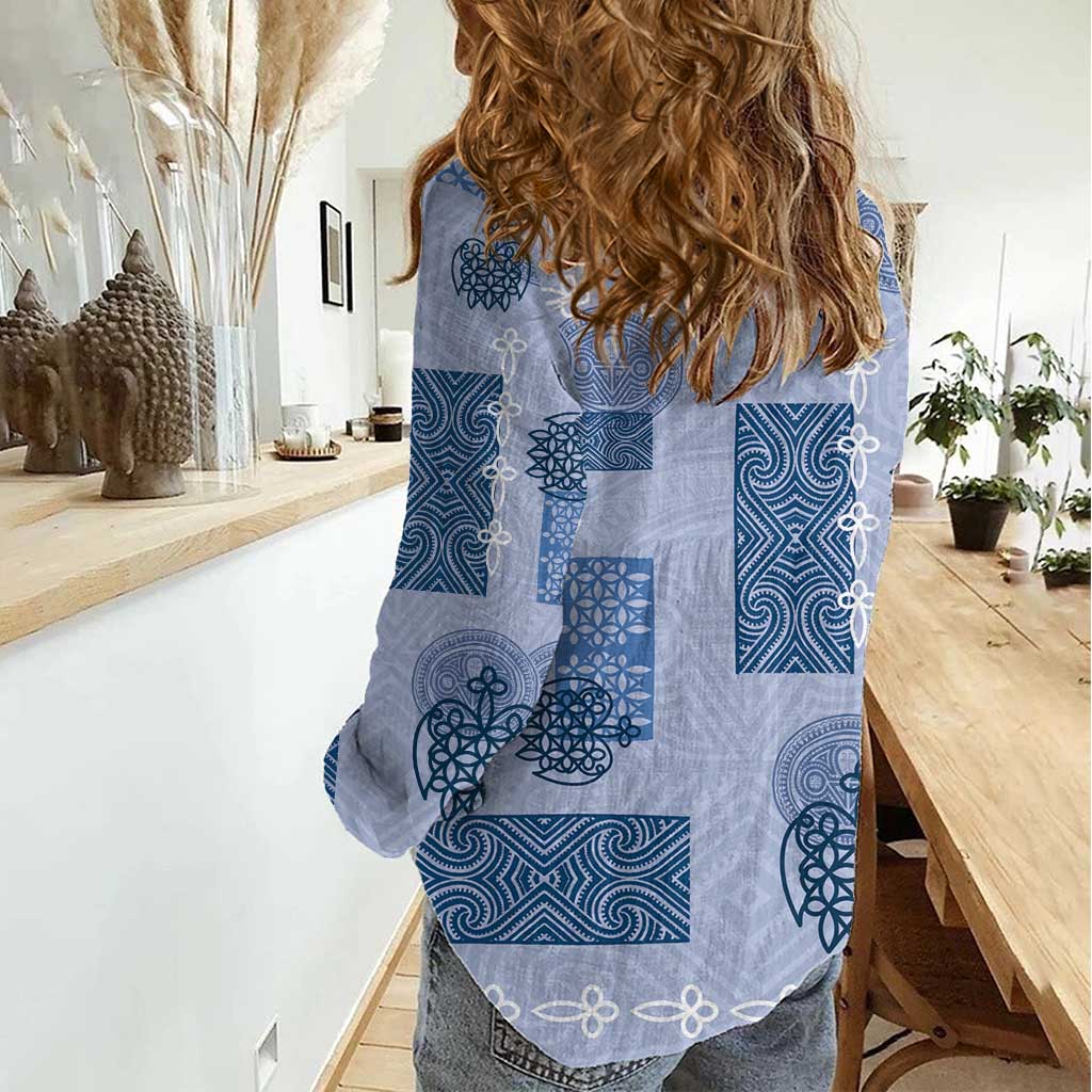 Vintage Lapita Women Casual Shirt Iconic Double Face Pattern Blue LT05 - Polynesian Pride