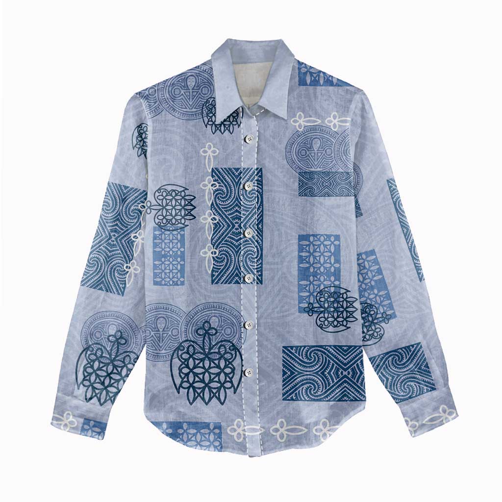 Vintage Lapita Women Casual Shirt Iconic Double Face Pattern Blue LT05 - Polynesian Pride