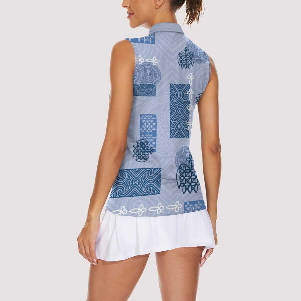 Vintage Lapita Women Sleeveless Polo Shirt Iconic Double Face Pattern Blue