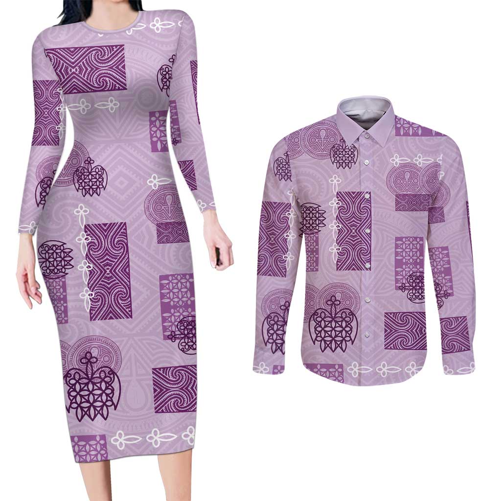 Vintage Lapita Couples Matching Long Sleeve Bodycon Dress and Long Sleeve Button Shirt Iconic Double Face Pattern Violet LT05 Violet - Polynesian Pride