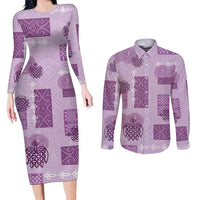 Vintage Lapita Couples Matching Long Sleeve Bodycon Dress and Long Sleeve Button Shirt Iconic Double Face Pattern Violet LT05 Violet - Polynesian Pride