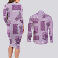 Vintage Lapita Couples Matching Long Sleeve Bodycon Dress and Long Sleeve Button Shirt Iconic Double Face Pattern Violet LT05 - Polynesian Pride