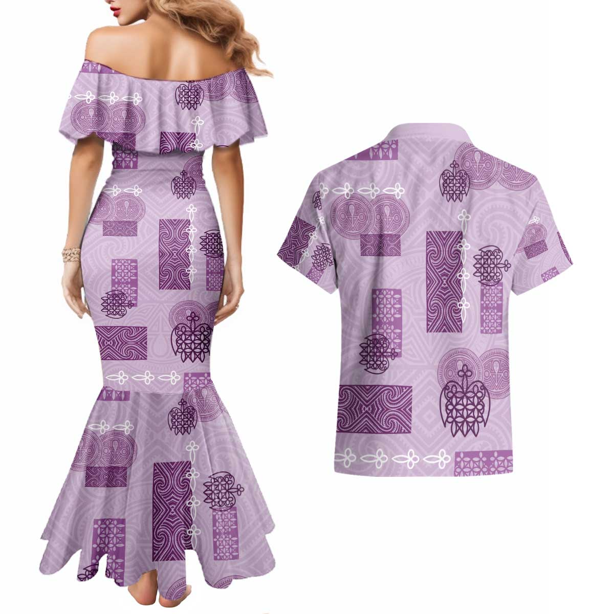 Vintage Lapita Couples Matching Mermaid Dress and Hawaiian Shirt Iconic Double Face Pattern Violet