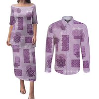 Vintage Lapita Couples Matching Puletasi and Long Sleeve Button Shirt Iconic Double Face Pattern Violet