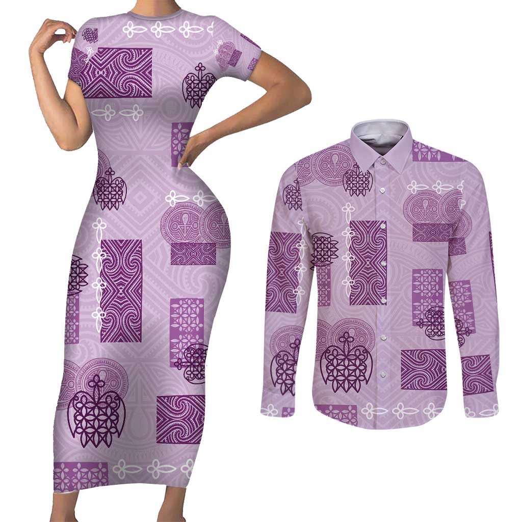 Vintage Lapita Couples Matching Short Sleeve Bodycon Dress and Long Sleeve Button Shirt Iconic Double Face Pattern Violet LT05 Violet - Polynesian Pride