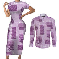 Vintage Lapita Couples Matching Short Sleeve Bodycon Dress and Long Sleeve Button Shirt Iconic Double Face Pattern Violet LT05 Violet - Polynesian Pride