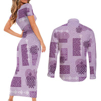 Vintage Lapita Couples Matching Short Sleeve Bodycon Dress and Long Sleeve Button Shirt Iconic Double Face Pattern Violet LT05 - Polynesian Pride