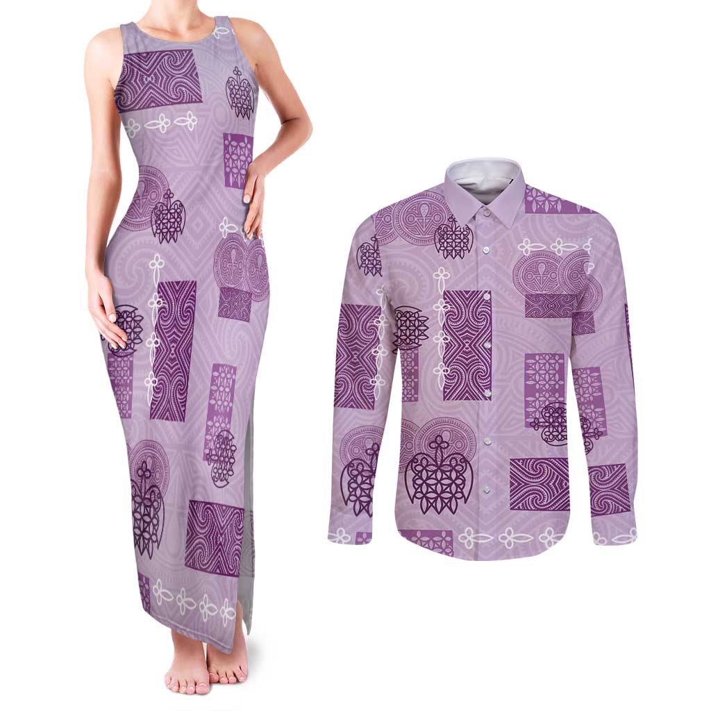 Vintage Lapita Couples Matching Tank Maxi Dress and Long Sleeve Button Shirt Iconic Double Face Pattern Violet