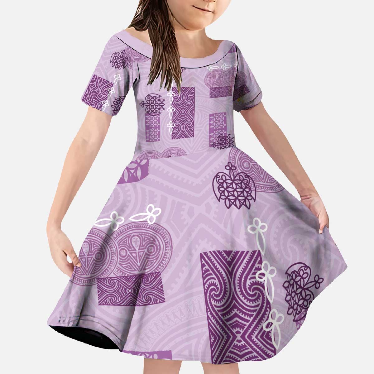 Vintage Lapita Family Matching Off The Shoulder Long Sleeve Dress and Hawaiian Shirt Iconic Double Face Pattern Violet LT05 Daughter's Dress Violet - Polynesian Pride