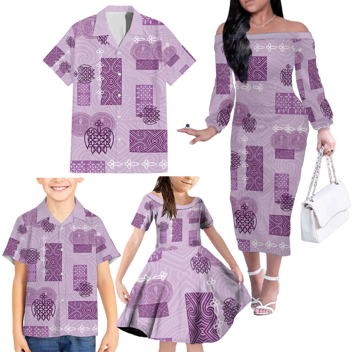 Vintage Lapita Family Matching Off The Shoulder Long Sleeve Dress and Hawaiian Shirt Iconic Double Face Pattern Violet LT05 - Polynesian Pride