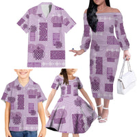 Vintage Lapita Family Matching Off The Shoulder Long Sleeve Dress and Hawaiian Shirt Iconic Double Face Pattern Violet LT05 - Polynesian Pride