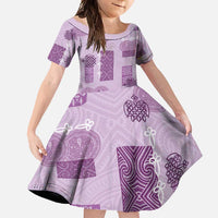 Vintage Lapita Family Matching Off Shoulder Maxi Dress and Hawaiian Shirt Iconic Double Face Pattern Violet LT05 Daughter's Dress Violet - Polynesian Pride