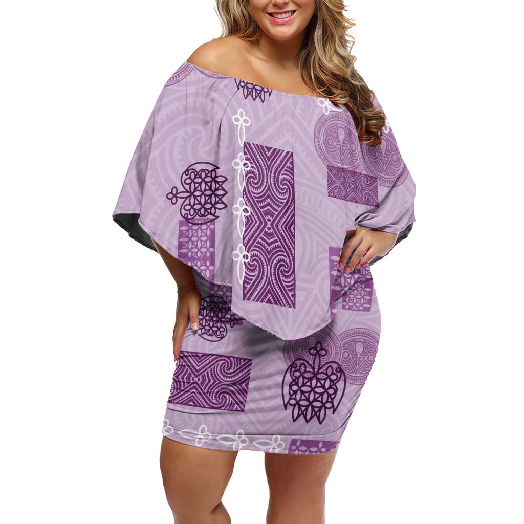 Vintage Lapita Family Matching Off Shoulder Short Dress and Hawaiian Shirt Iconic Double Face Pattern Violet LT05 Mom's Dress Violet - Polynesian Pride