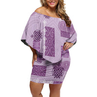 Vintage Lapita Family Matching Off Shoulder Short Dress and Hawaiian Shirt Iconic Double Face Pattern Violet LT05 Mom's Dress Violet - Polynesian Pride