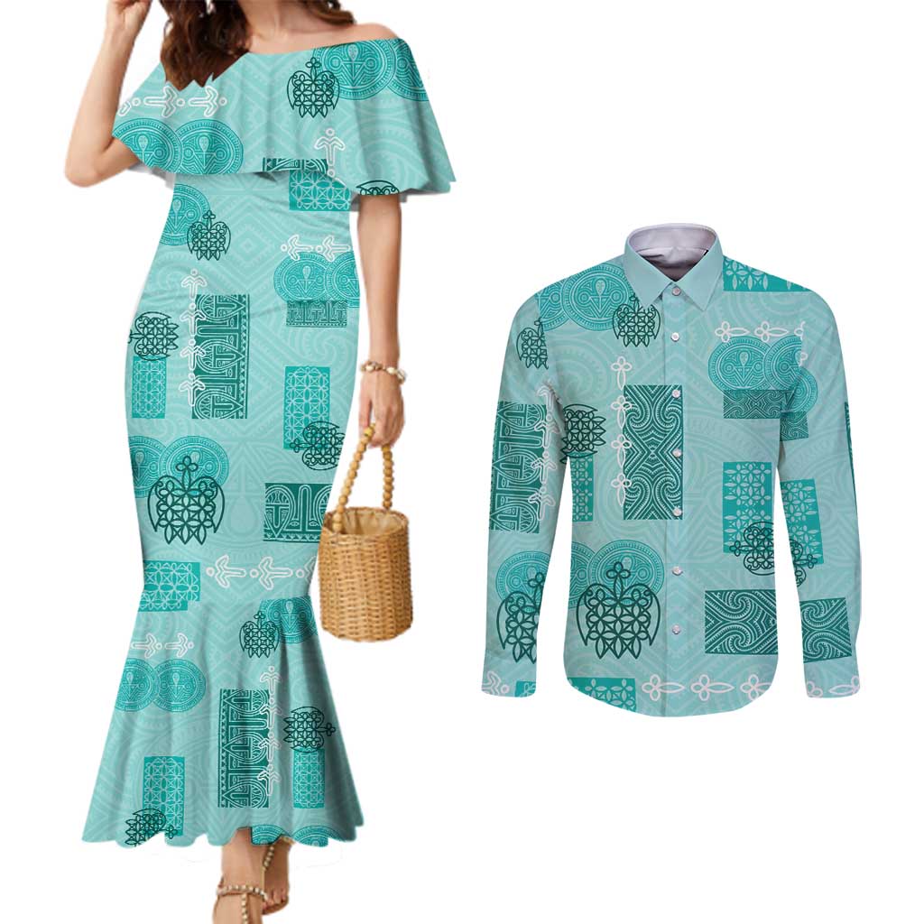 Vintage Lapita Couples Matching Mermaid Dress and Long Sleeve Button Shirt Iconic Double Face Pattern Turquoise LT05