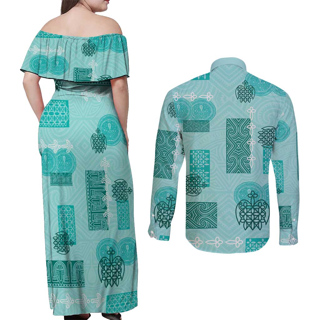 Vintage Lapita Couples Matching Off Shoulder Maxi Dress and Long Sleeve Button Shirt Iconic Double Face Pattern Turquoise LT05