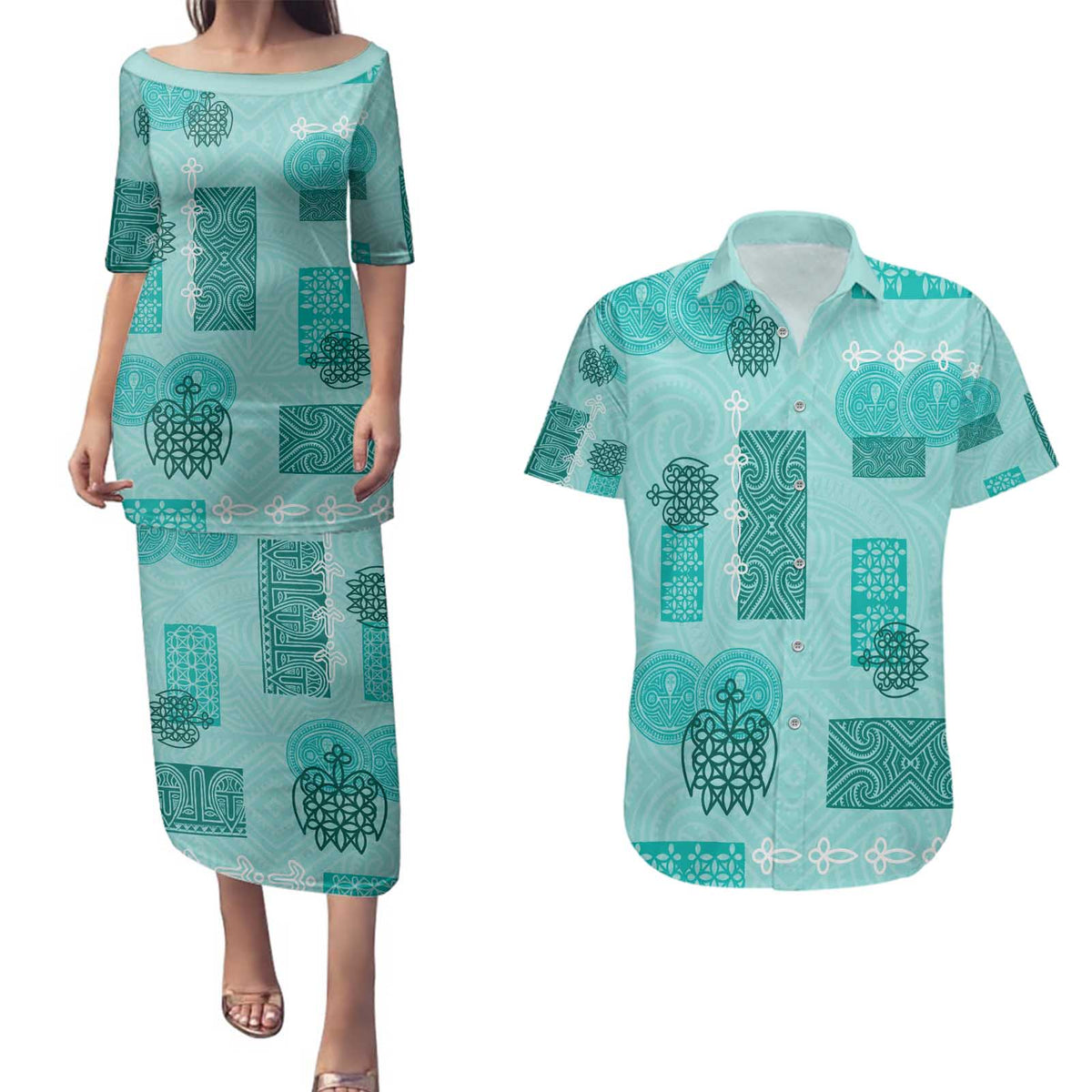 Vintage Lapita Couples Matching Puletasi and Hawaiian Shirt Iconic Double Face Pattern Turquoise LT05