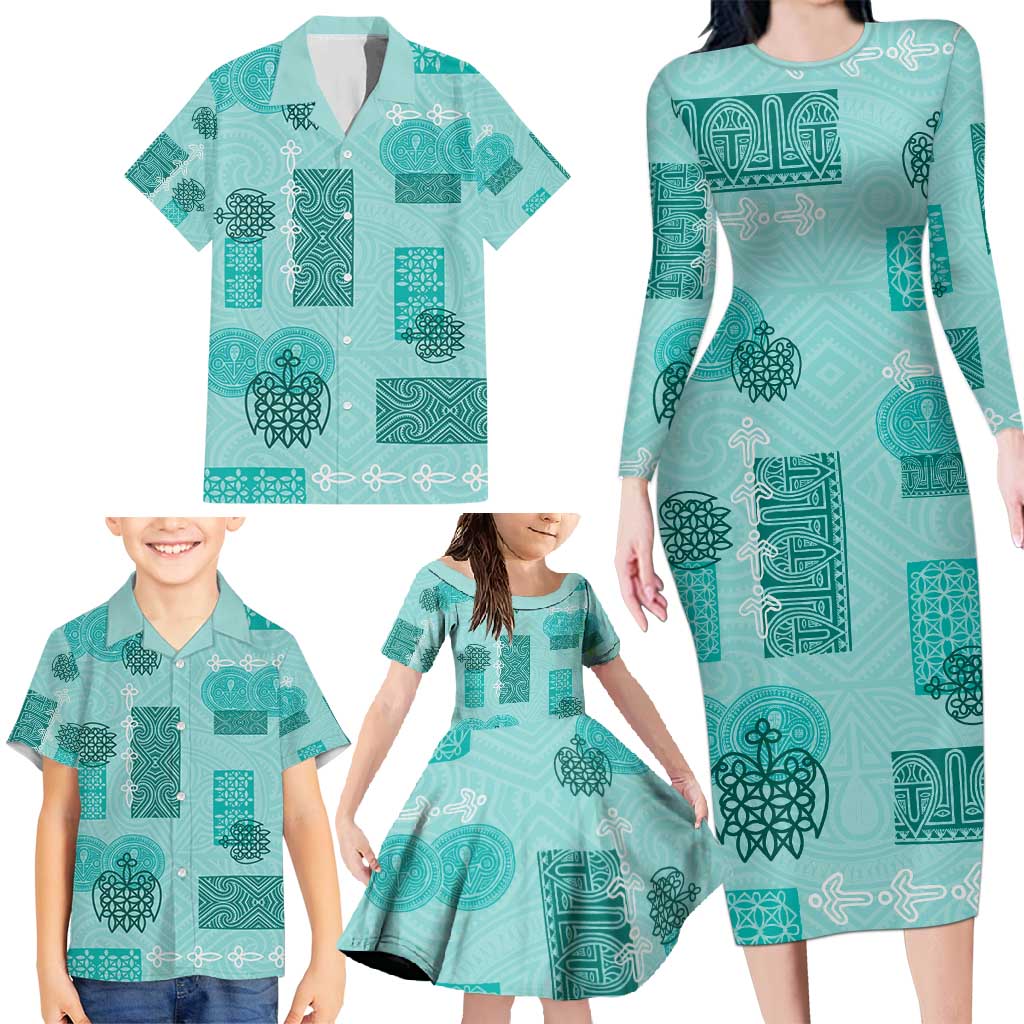 Vintage Lapita Family Matching Long Sleeve Bodycon Dress and Hawaiian Shirt Iconic Double Face Pattern Turquoise LT05 - Polynesian Pride
