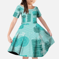 Vintage Lapita Family Matching Mermaid Dress and Hawaiian Shirt Iconic Double Face Pattern Turquoise LT05 Daughter's Dress Turquoise - Polynesian Pride