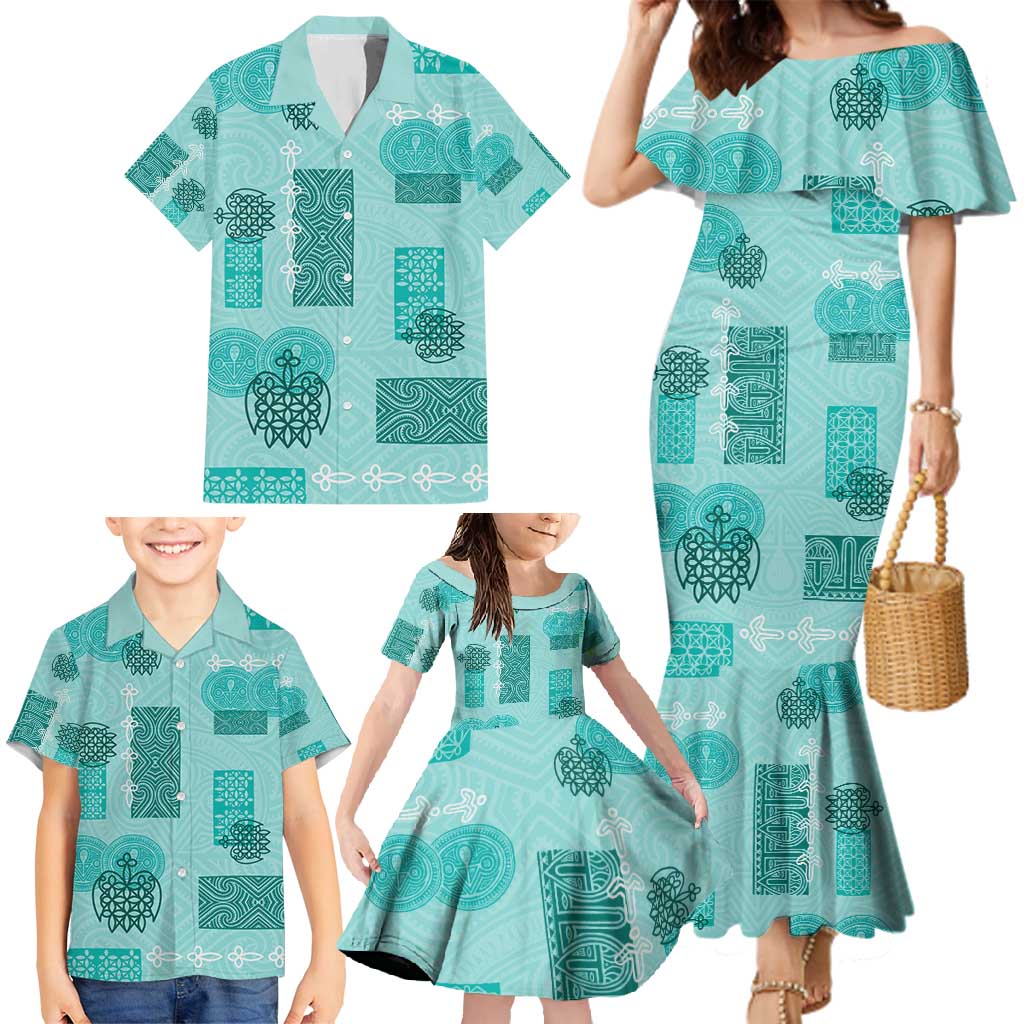 Vintage Lapita Family Matching Mermaid Dress and Hawaiian Shirt Iconic Double Face Pattern Turquoise LT05 - Polynesian Pride