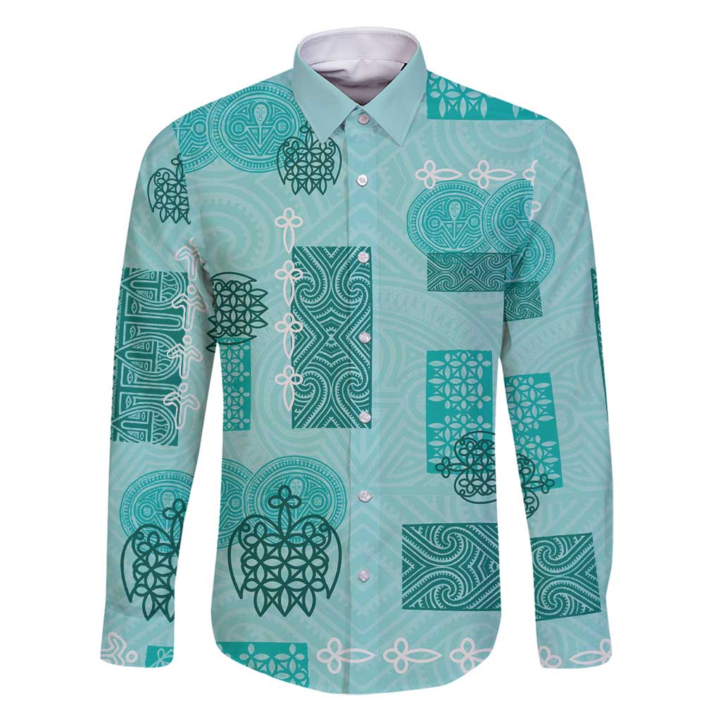 Vintage Lapita Family Matching Mermaid Dress and Hawaiian Shirt Iconic Double Face Pattern Turquoise LT05 Dad's Shirt - Long Sleeve Turquoise - Polynesian Pride