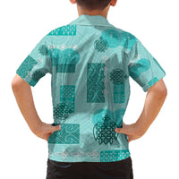 Vintage Lapita Family Matching Off The Shoulder Long Sleeve Dress and Hawaiian Shirt Iconic Double Face Pattern Turquoise LT05 - Polynesian Pride