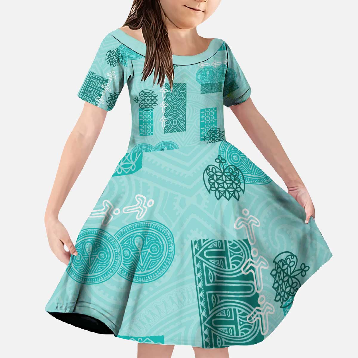 Vintage Lapita Family Matching Off The Shoulder Long Sleeve Dress and Hawaiian Shirt Iconic Double Face Pattern Turquoise LT05 Daughter's Dress Turquoise - Polynesian Pride
