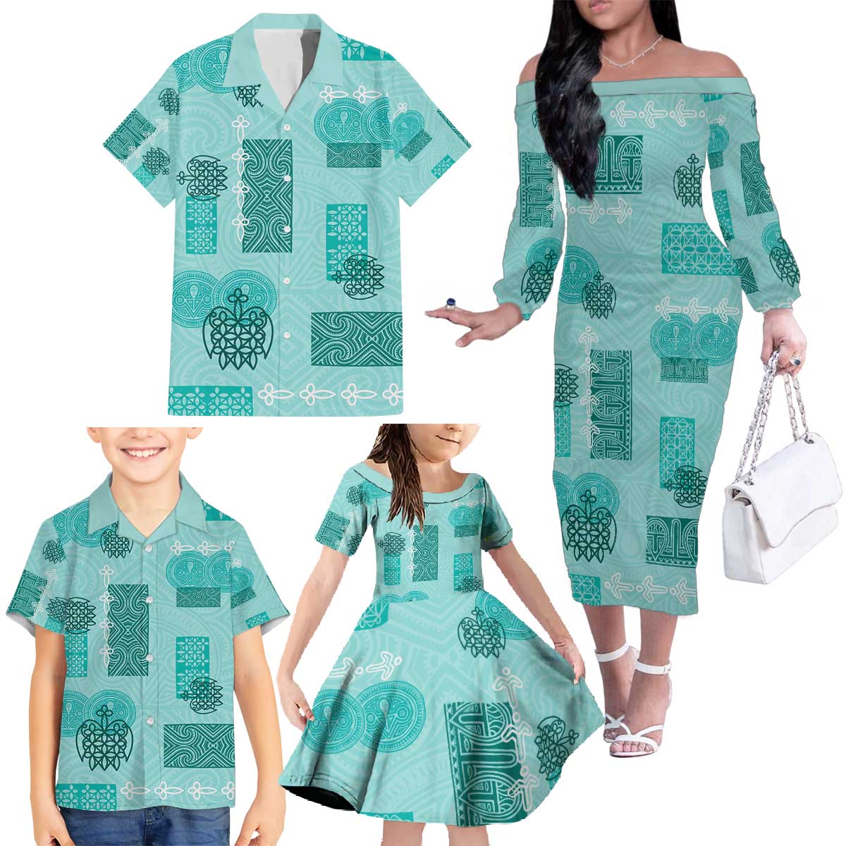 Vintage Lapita Family Matching Off The Shoulder Long Sleeve Dress and Hawaiian Shirt Iconic Double Face Pattern Turquoise LT05 - Polynesian Pride