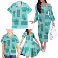 Vintage Lapita Family Matching Off The Shoulder Long Sleeve Dress and Hawaiian Shirt Iconic Double Face Pattern Turquoise LT05 - Polynesian Pride