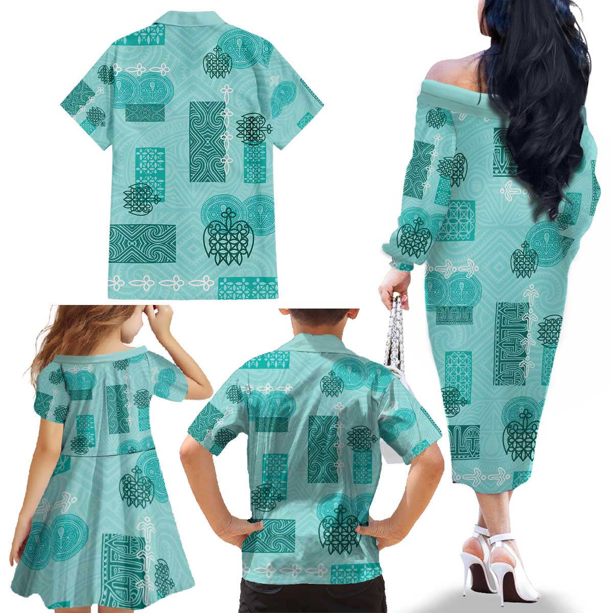 Vintage Lapita Family Matching Off The Shoulder Long Sleeve Dress and Hawaiian Shirt Iconic Double Face Pattern Turquoise LT05 - Polynesian Pride