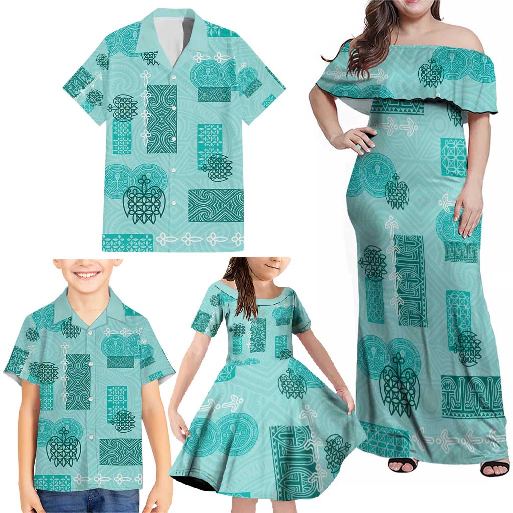 Vintage Lapita Family Matching Off Shoulder Maxi Dress and Hawaiian Shirt Iconic Double Face Pattern Turquoise LT05 - Polynesian Pride