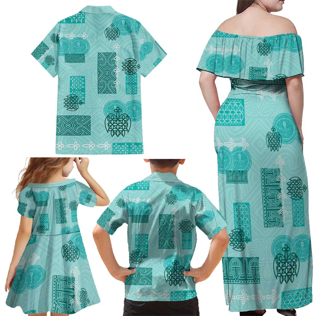 Vintage Lapita Family Matching Off Shoulder Maxi Dress and Hawaiian Shirt Iconic Double Face Pattern Turquoise LT05 - Polynesian Pride