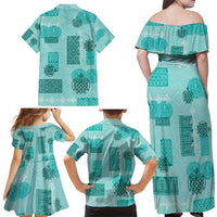 Vintage Lapita Family Matching Off Shoulder Maxi Dress and Hawaiian Shirt Iconic Double Face Pattern Turquoise LT05 - Polynesian Pride