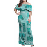 Vintage Lapita Family Matching Off Shoulder Maxi Dress and Hawaiian Shirt Iconic Double Face Pattern Turquoise LT05 Mom's Dress Turquoise - Polynesian Pride