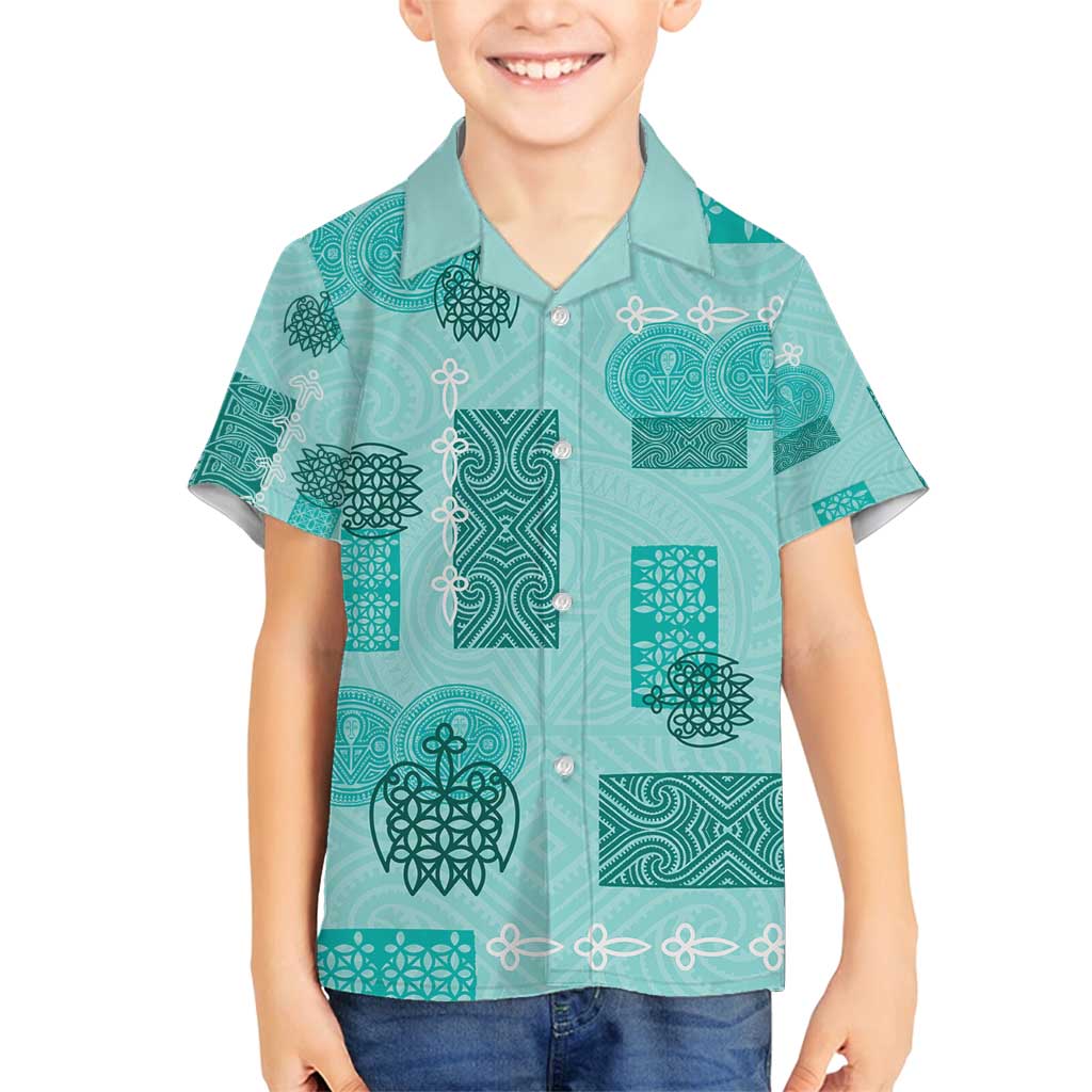 Vintage Lapita Family Matching Off Shoulder Maxi Dress and Hawaiian Shirt Iconic Double Face Pattern Turquoise LT05 Son's Shirt Turquoise - Polynesian Pride