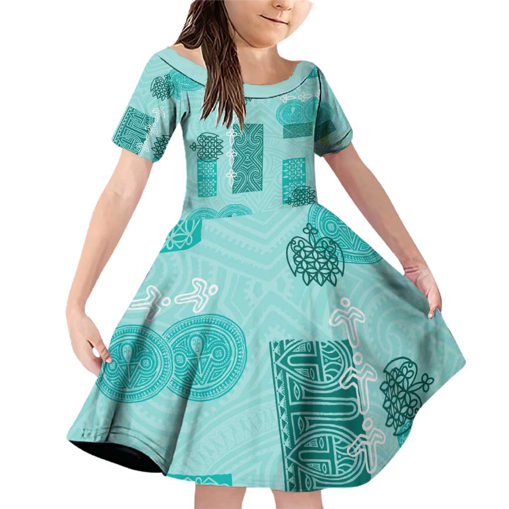 Vintage Lapita Family Matching Off Shoulder Short Dress and Hawaiian Shirt Iconic Double Face Pattern Turquoise LT05 Daughter's Dress Turquoise - Polynesian Pride
