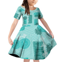 Vintage Lapita Family Matching Off Shoulder Short Dress and Hawaiian Shirt Iconic Double Face Pattern Turquoise LT05 Daughter's Dress Turquoise - Polynesian Pride