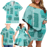 Vintage Lapita Family Matching Off Shoulder Short Dress and Hawaiian Shirt Iconic Double Face Pattern Turquoise LT05 - Polynesian Pride