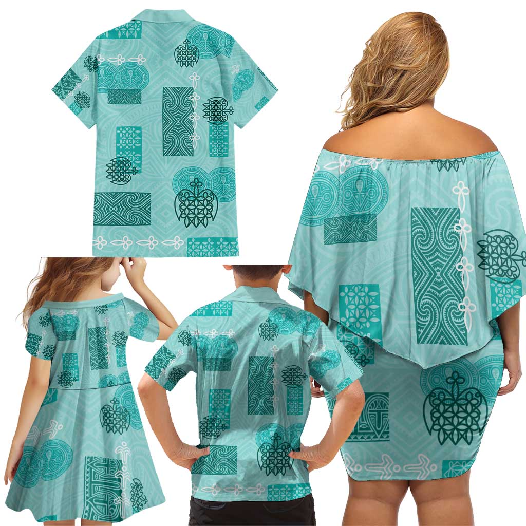 Vintage Lapita Family Matching Off Shoulder Short Dress and Hawaiian Shirt Iconic Double Face Pattern Turquoise LT05 - Polynesian Pride