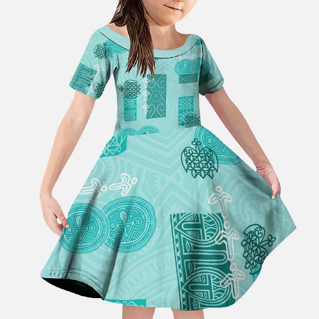 Vintage Lapita Family Matching Short Sleeve Bodycon Dress and Hawaiian Shirt Iconic Double Face Pattern Turquoise LT05 Daughter's Dress Turquoise - Polynesian Pride