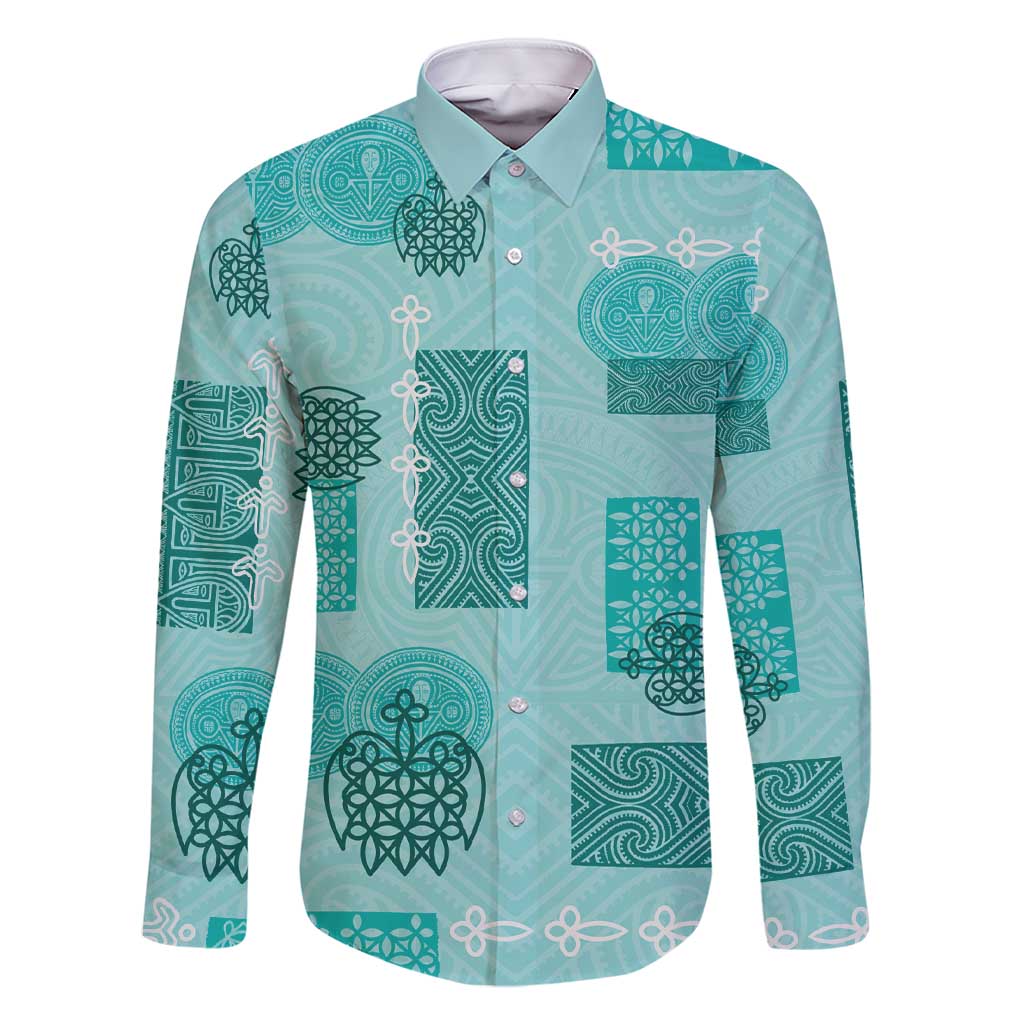 Vintage Lapita Family Matching Short Sleeve Bodycon Dress and Hawaiian Shirt Iconic Double Face Pattern Turquoise LT05 Dad's Shirt - Long Sleeve Turquoise - Polynesian Pride