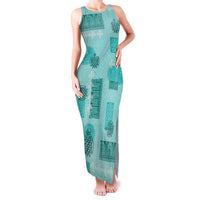 Vintage Lapita Family Matching Tank Maxi Dress and Hawaiian Shirt Iconic Double Face Pattern Turquoise LT05 Mom's Dress Turquoise - Polynesian Pride