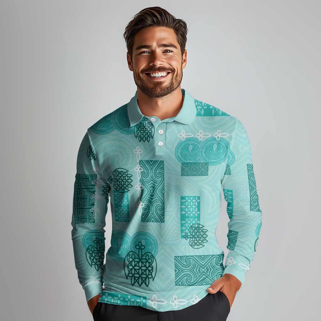 Vintage Lapita Long Sleeve Polo Shirt Iconic Double Face Pattern Turquoise LT05