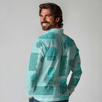 Vintage Lapita Long Sleeve Polo Shirt Iconic Double Face Pattern Turquoise LT05