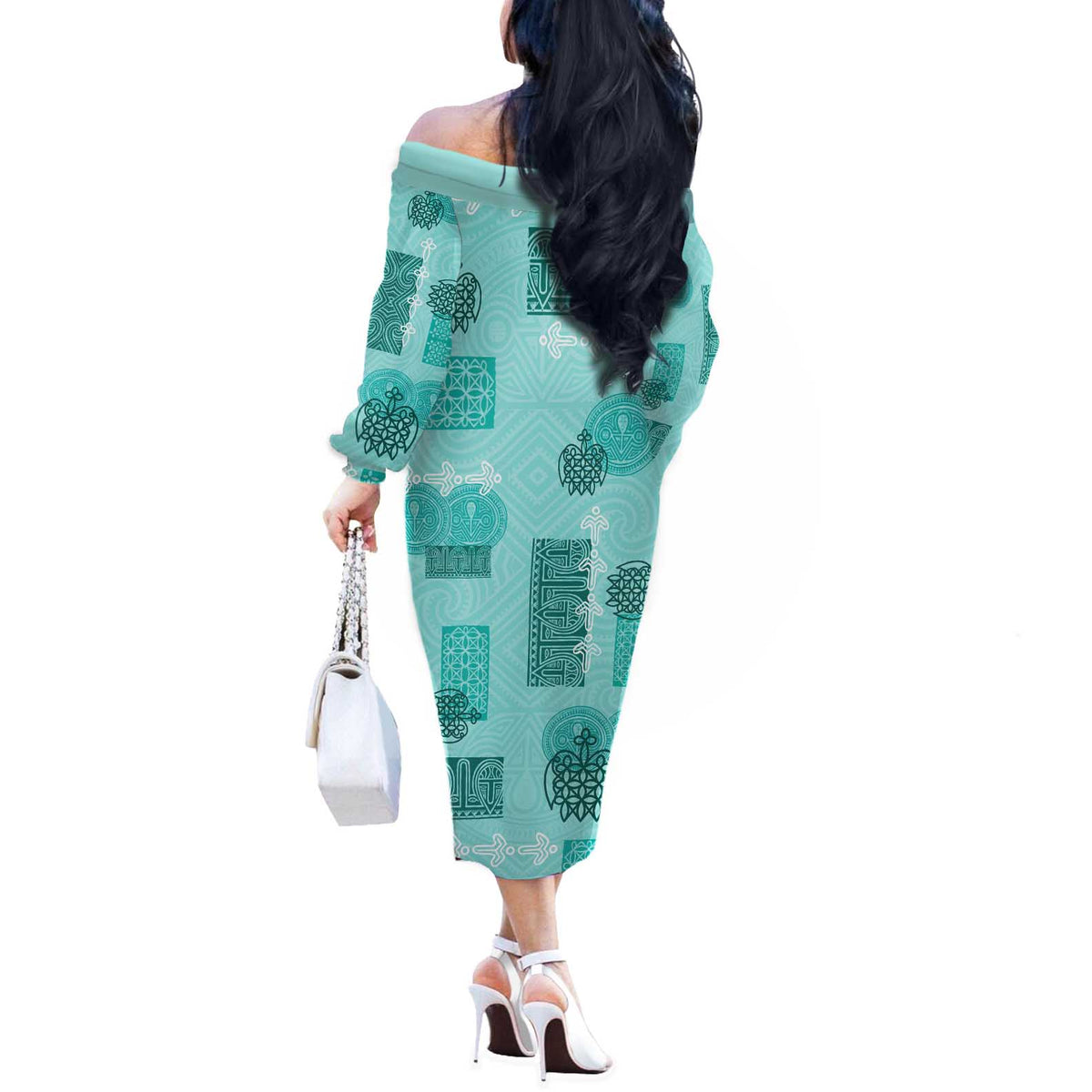 Vintage Lapita Off The Shoulder Long Sleeve Dress Iconic Double Face Pattern Turquoise LT05