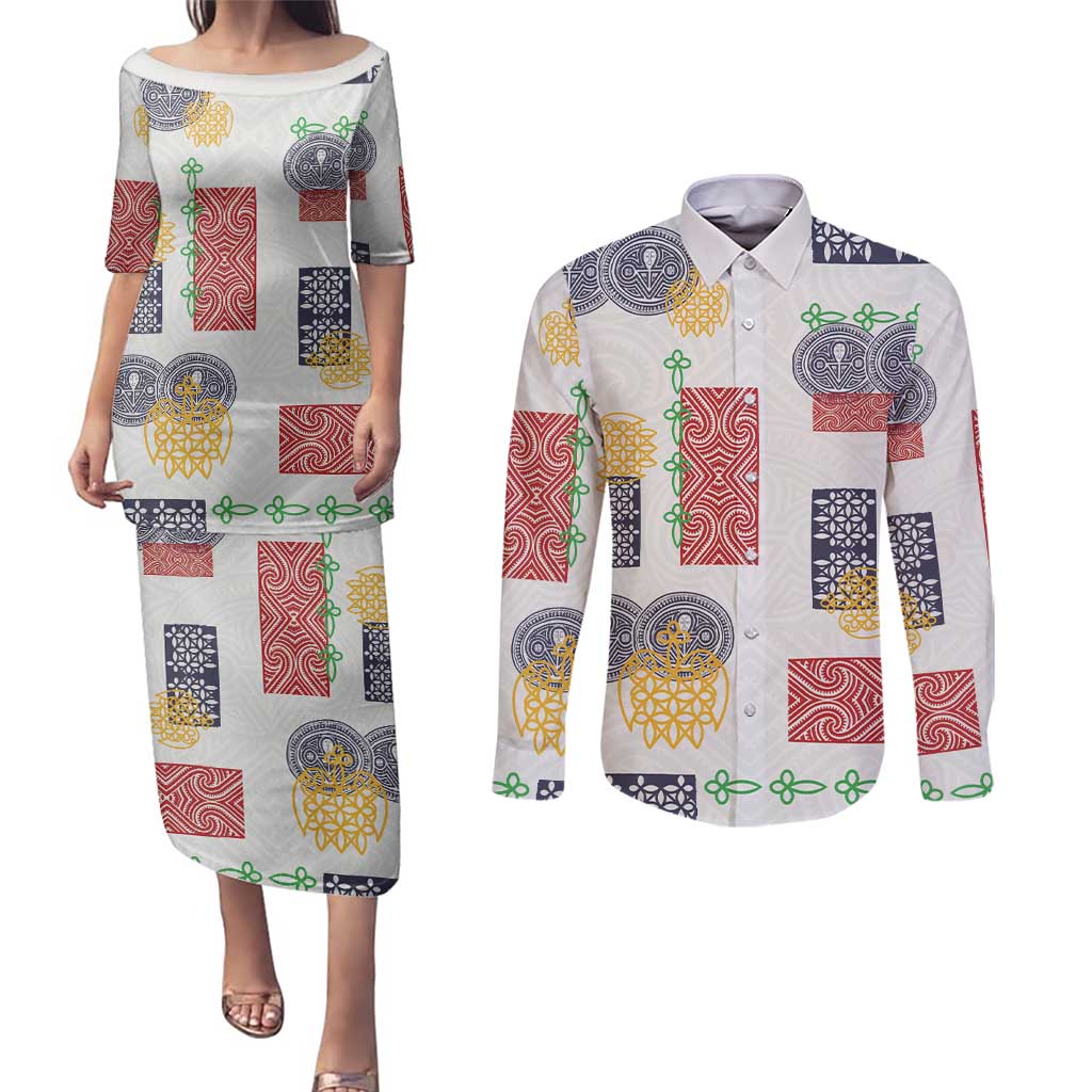 Vintage Lapita Couples Matching Puletasi and Long Sleeve Button Shirt Iconic Double Face Pattern LT05 Colorful - Polynesian Pride