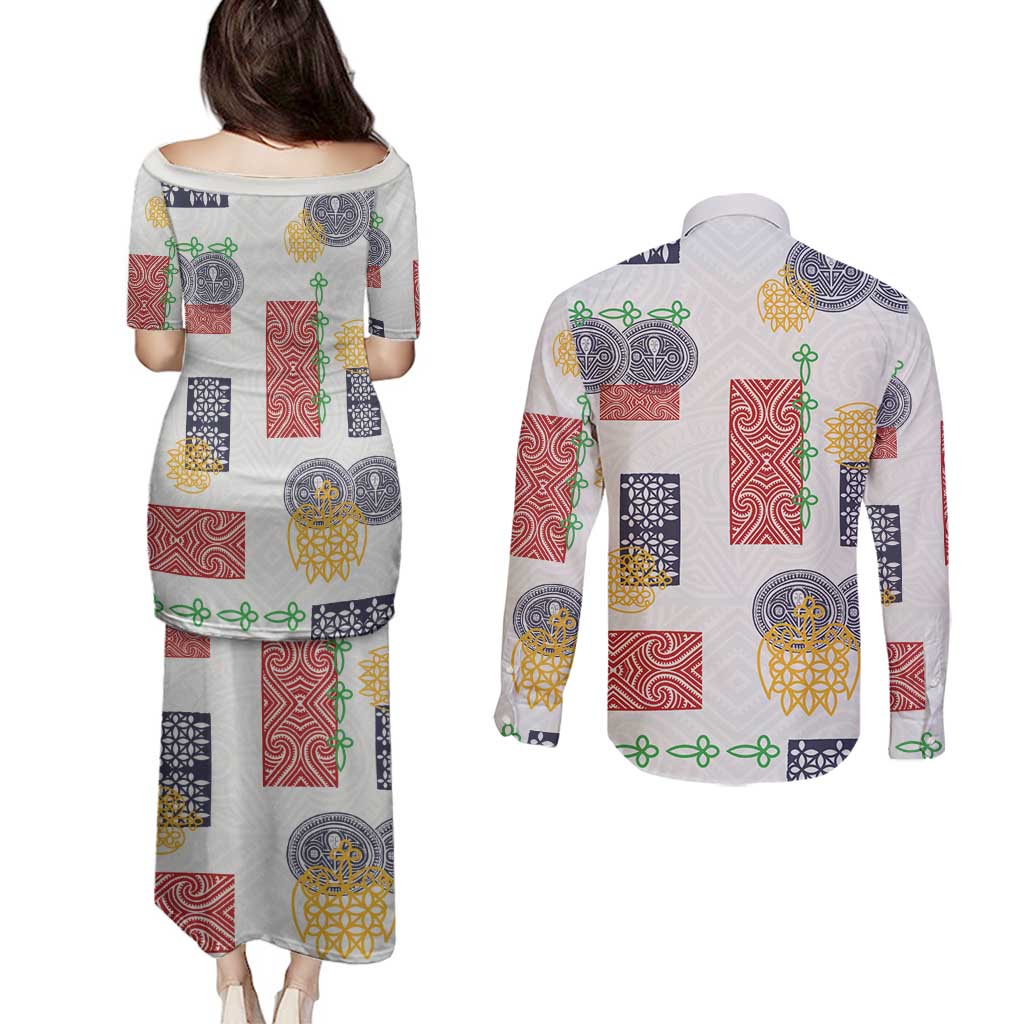 Vintage Lapita Couples Matching Puletasi and Long Sleeve Button Shirt Iconic Double Face Pattern LT05 - Polynesian Pride