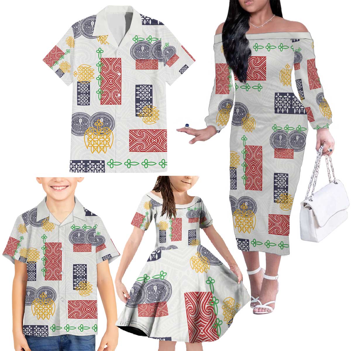 Vintage Lapita Family Matching Off The Shoulder Long Sleeve Dress and Hawaiian Shirt Iconic Double Face Pattern LT05 - Polynesian Pride