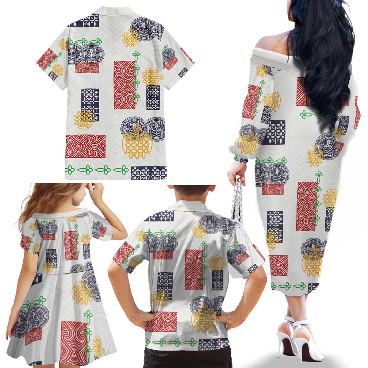 Vintage Lapita Family Matching Off The Shoulder Long Sleeve Dress and Hawaiian Shirt Iconic Double Face Pattern LT05 - Polynesian Pride