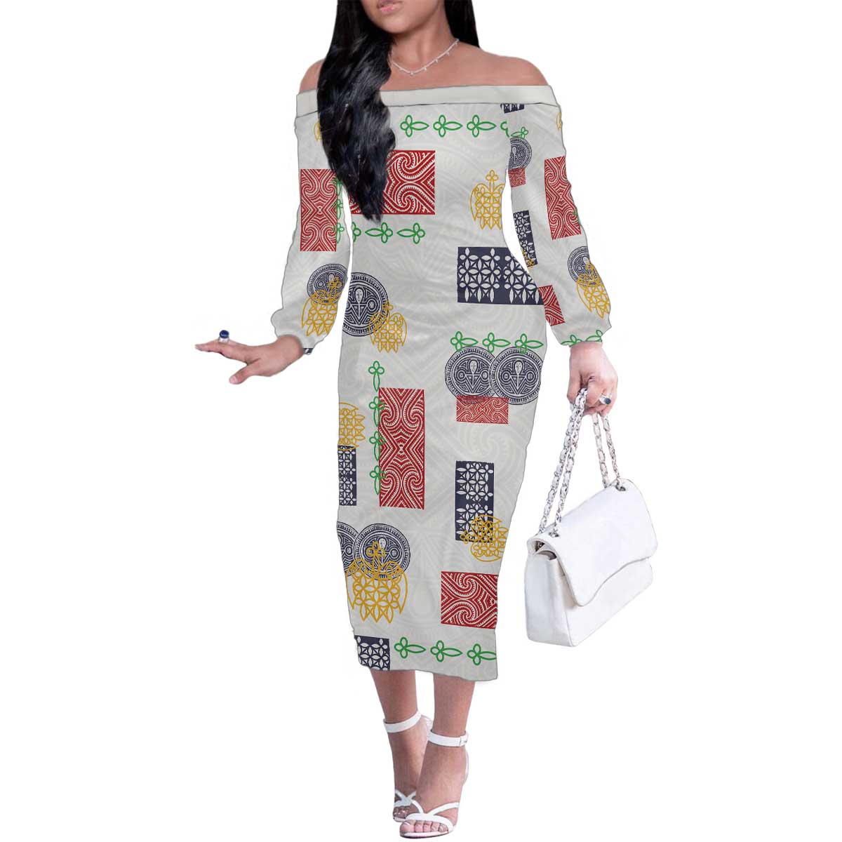 Vintage Lapita Family Matching Off The Shoulder Long Sleeve Dress and Hawaiian Shirt Iconic Double Face Pattern LT05 Mom's Dress Colorful - Polynesian Pride